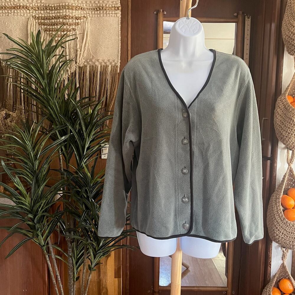 LL Bean Fleece Cardigan Jacket M Green Navy Trim Button Front 90s Womens Cozy